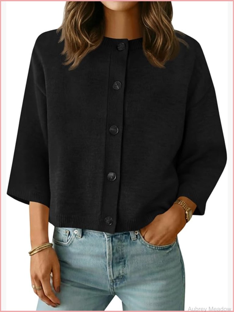 Short Sleeve Cardigan Sweater, Crew Neck Button Down Lightweight Knit Top